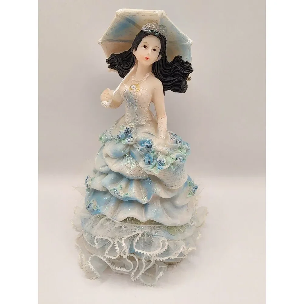 Vintage Hard Plastic Lady Figurine Blue Dress Crown Parasol Jewelry 6 inches